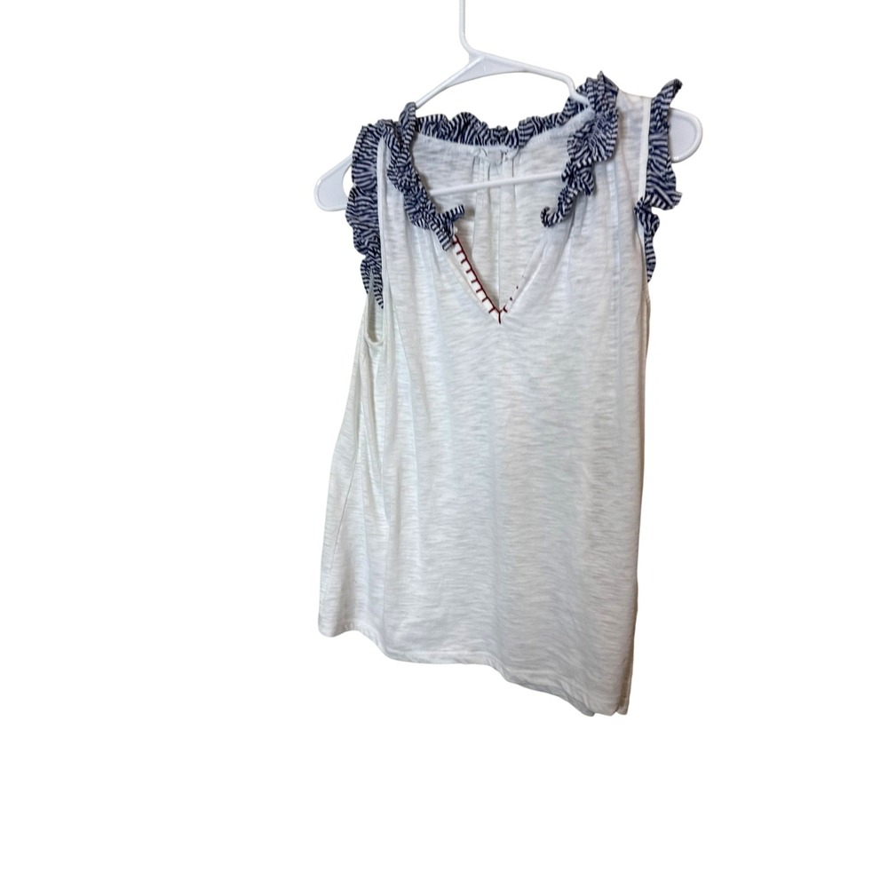 THML Tank Top Womens Medium White Stripe Ruffle V Neck Embroidered Jersey